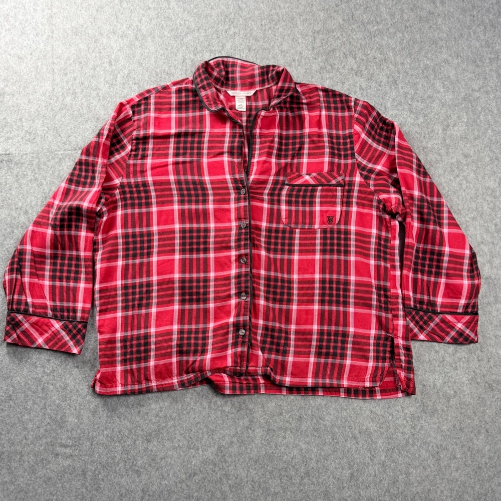 Victoria's Secret Women's Large Red, Pink & Black Plaid Flannel Pajama Shirt